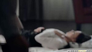 Lesbo girlfriends ride strapon hard in lingerie, they say passionately