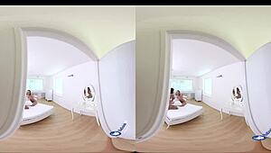 Threesome VR Sex with European Brunettes in Pillow Fight