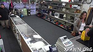 Sex in a shop turns wild with a nasty skank. She’s all over him, sloppy and rough.