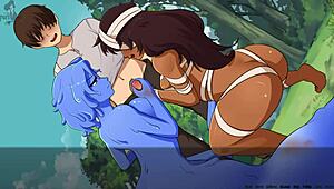 Girls give handjob in orgy