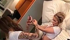 lesbians in uniform teasing with big tits