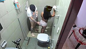 my stepdad sneaked into the bathroom to watch, so i offered my tight backside