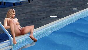 Blonde cartoon girl says, I'm masturbating uncensored by the pool.