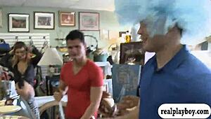 Girl in monofins swims topless for cash in public.