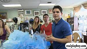 Girl in monofins swims topless for cash in public.