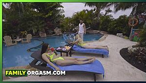 Stepsisters' poolside encounter with the young pool boy turns into a wild sexual escapade