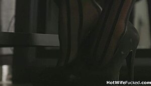 Hotwife deepthroats cock in seductive lingerie outfit.