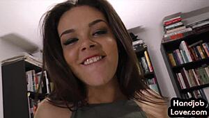 Cute babe wanks oiled pov dick while talking nasty close-up.