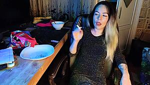 Stunning Asian woman indulges in smoking session