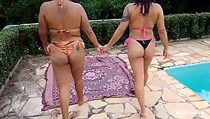 Latina maid joins sensual pool party, gets assfucked by husband in lingerie