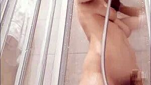 free sexy brunette bathing in hotel shower, showing hairy pussy and big ass