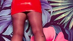 Feeling the thrill of teasing in pantyhose and latex dress with big tits
