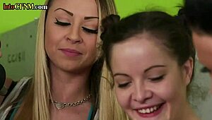 Cfnm dom babes and milf jerk guy in group