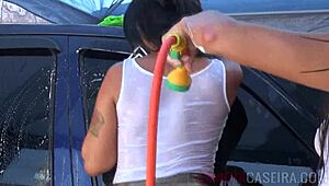 Amateur brazilian women with big tits and asses washing the car. They show off their bodies.