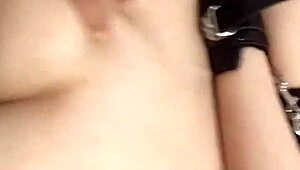 The diner is entering the handcuffed girl in a bdsm scene