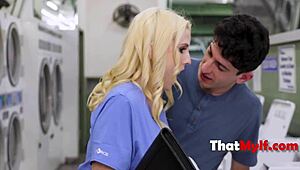 stepmom and stepdaughter snag a guy at laundromat for fun