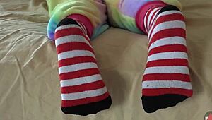 Asian cosplayer rips clothes in striped socks striptease solo