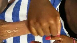 Summer Knight Teases With A Sloppy Handjob On Ebony Cock Leading To Cumshot