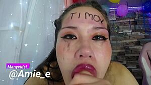 An asian slut deepthroats a huge cock, gagging and choking while spitting and swallowing loads.