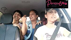 She guides in the car with big tits