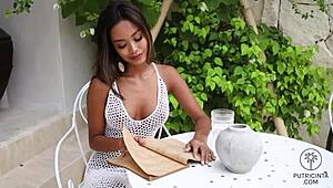 Indonesian beauty Putri Cinta reveals her tight little fuckhole for fun