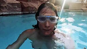 Brunette Cougar Sofie Marie MASTURBATES with DILDO UNDERWATER in POOL