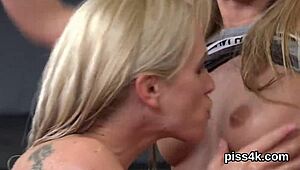 kissable lesbo teen 18+s get splashed with piss in garage, splattering wet slits