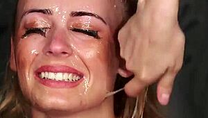 flirty bombshell gets huge sperm load on face, swallows all jizm
