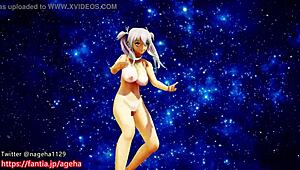 Kanon dances nude on a sandy planet in 3D.