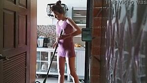 Morning cleaning in sheer dress shows everything