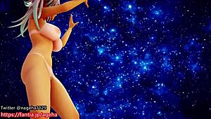 Kanon dances nude on a sandy planet in 3D.