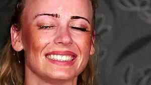 flirty bombshell gets huge sperm load on face, swallows all jizm