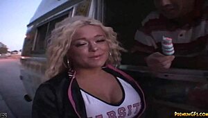 Busty cheerleader gives a sensual blowjob and POV sex in a van