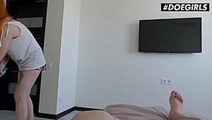 Redhead babe Kate Utopia sucks BF's cock then gets pounded doggy with cum on ass buttplug fingering.