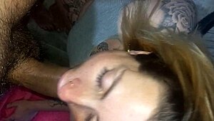 Blonde girlfriend gives handjob and blowjob, takes facial load