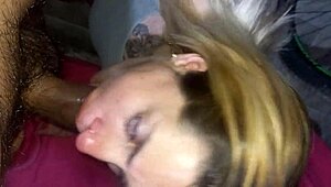 Blonde girlfriend gives handjob and blowjob, takes facial load