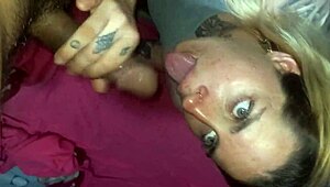 Blonde girlfriend gives handjob and blowjob, takes facial load