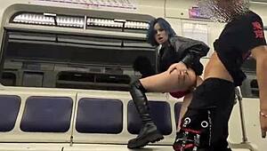 Passionate couple engages in open-air intimacy on a commuter train
