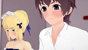 Three-dimensional cartoon characters engage in humiliation and domination while training with Saber