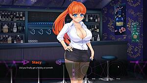 In this femdom hentai, my redhead coworker teases my groin with her foot in a public bar, whispering dirty talk.