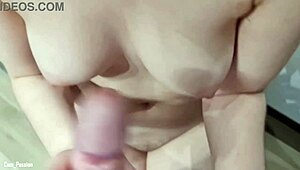 hot bathroom handjob leads to huge cum on titties pov