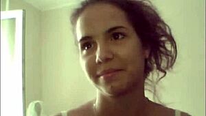 russian teen gets flirty showing small tits on skype chat.