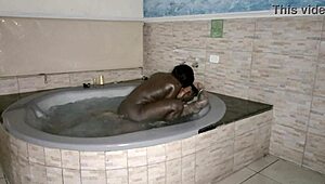 Sex in the bathtub with lots of cum in mouth.