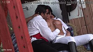 real cowgirl showing off curvy body in outdoor garage shed