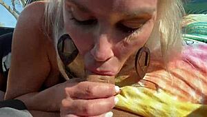 blonde milf surprises friend with outdoor car encounter