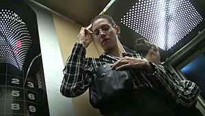 elevator secretary masturbates to orgasm with vibrator in heels and glasses
