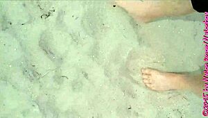 Chubby Amateur in Nylon Pantyhose Strolls Barefoot on Wangerland Beach