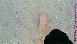 Chubby Amateur in Nylon Pantyhose Strolls Barefoot on Wangerland Beach