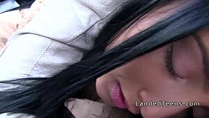 Naughty brunette teen rides in car adventure.