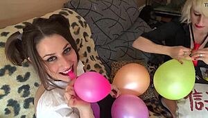 yo, check these sexy spanish babes popping balloons with hot lesbian action!